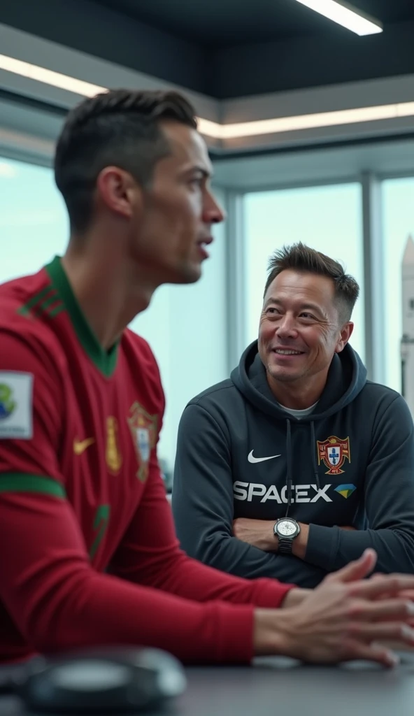 Create a hyper-realistic 9:16 image of Cristiano Ronaldo and Elon Musk in a futuristic SpaceX meeting room. Ronaldo, in his Portugal jersey, leans forward passionately with a determined expression, while Elon, in a SpaceX hoodie, listens intently with a wi...