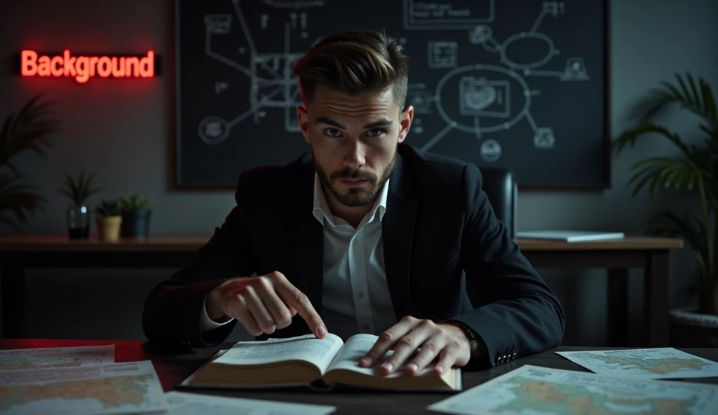 A cinematic scene with an atmosphere of mystery and investigation,  set in a dark and modern office , filled with documents and maps scattered on a dark wooden table. In the background,  a blackboard is covered with notes and interconnected diagrams ,  sym...