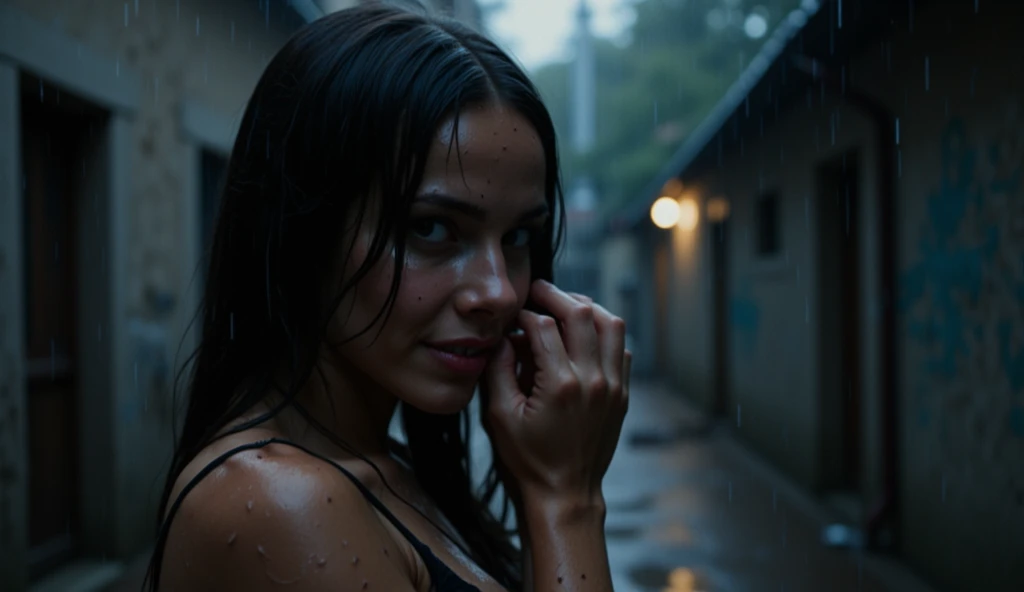  The camera slowly approaches Isabella ,  focusing her figure from Chest up as rain continues to fall intensely. She puts one hand to her face ,  running her fingers across her cheek to dry the water that slips on her wet skin .  Her other hand hangs relax...