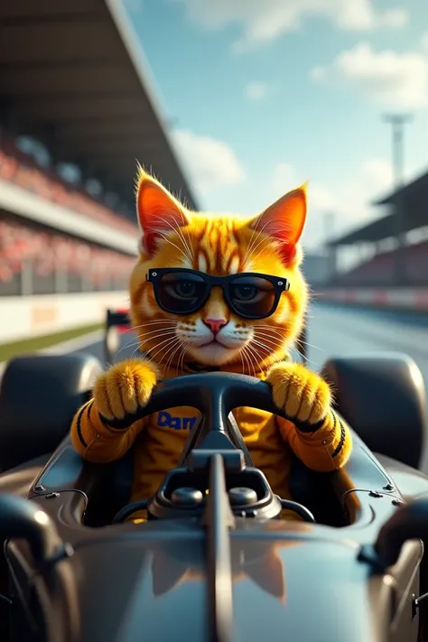  Image of a yellow cat wearing dark glasses , Competing in Formula 1 ,  inside a Formula 1 car driving with speed ( place a speed effect )  on the ultra realistic Formula 1 car 