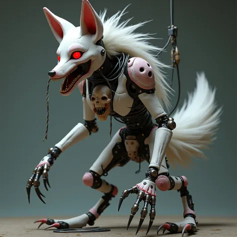  A decomposed animatronic with an appearance similar to a fox ,  extremely mechanical and disjointed design .  Su structure is white with pink details on the edges ,  presenting a partially disassembled body that reveals cables and metal parts .  It has a ...