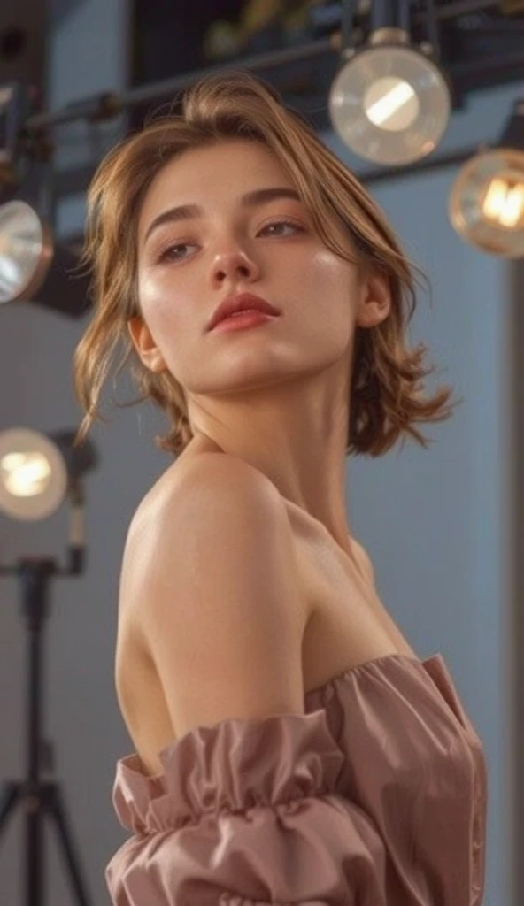 Half body shot of a woman in a studio setting, with a relaxed yet poised expression. Sheâs dressed elegantly, with studio lights accentuating her features, providing depth and dimension to the photo. satin dress