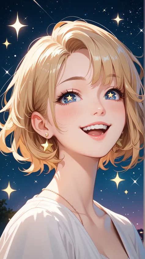 1girl, Solo, Accurate, High Resolution, Masterpiece, Short Hair, Blonde Hair, Earrings, Blush, Star-Shaped Pupils, happy, suprised, at night, looking at the stars,Sparkle, 