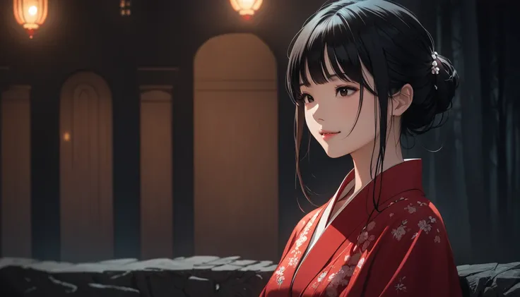 (masterpiece:1.5),(Beat quality),(high res),1girl solo,beautiful face,smile,upper body, black hair long, a woman in a red kimono is sitting facing the left,night,The background is a tomb in the woods 