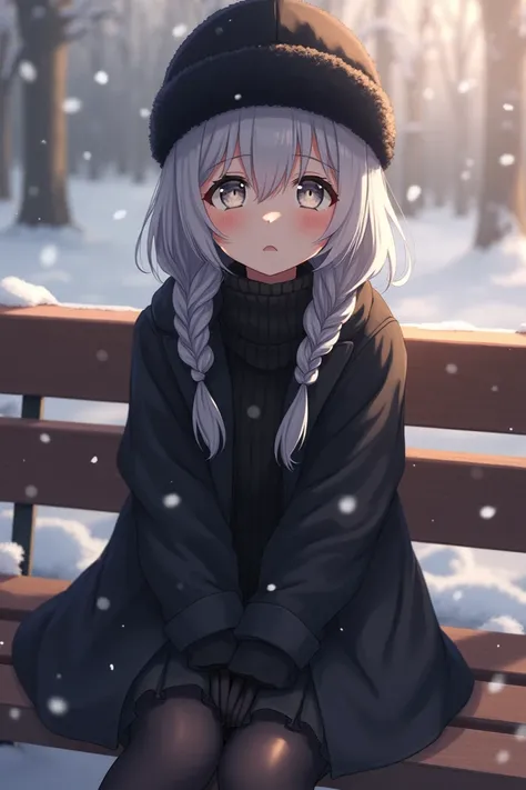 a warm photo of anime girl with silver hair and white eyes wearing a black ushanka sitting on a bench while it snows 