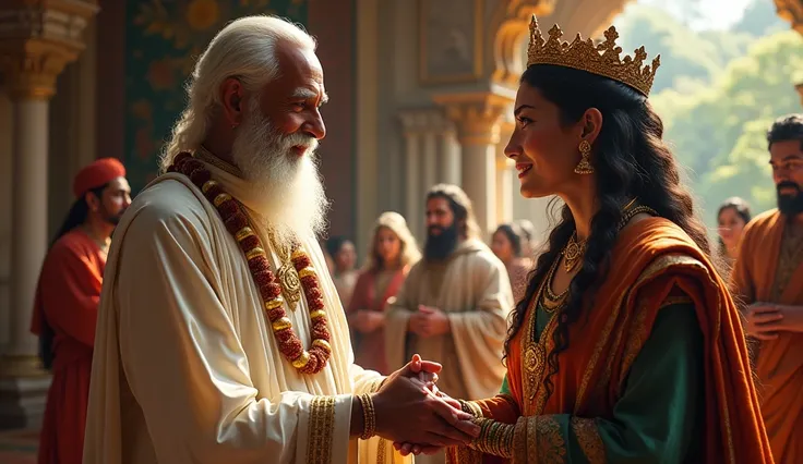 A Maharishi is being welcomed by a queen and has come to the palace.