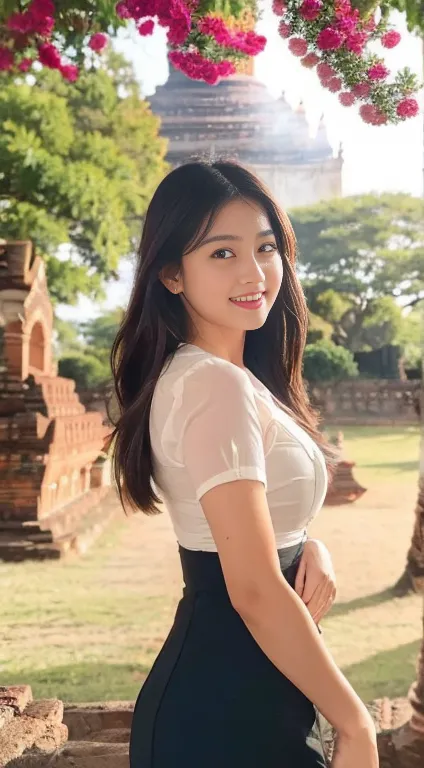 the background of the world heritage site of bagan pagoda is a young woman in her 20s, posing in various poses and styles. the b...