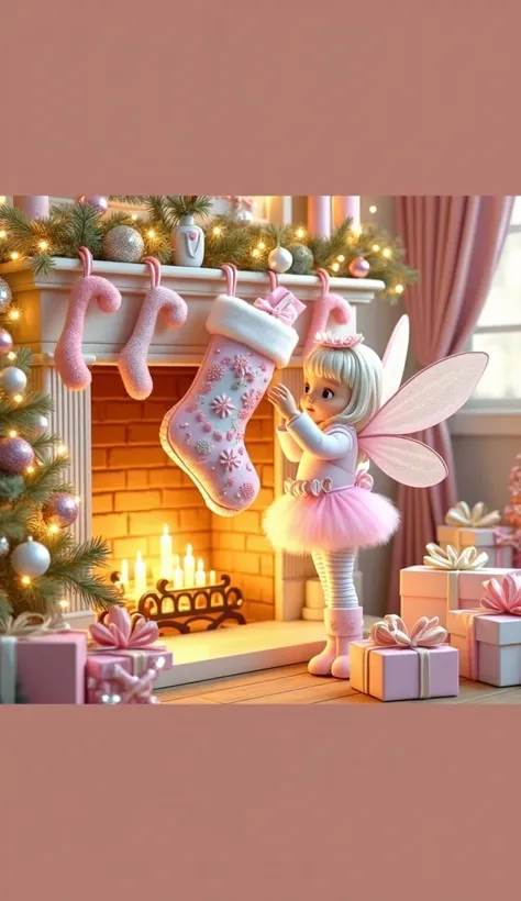 A cozy and magical Christmas scene featuring a fairy-like girl with delicate shimmering wings and a fluffy pink and white outfit. She is holding a beautifully decorated Christmas stocking filled with candy canes and lollipops by a glowing fireplace. The ro...