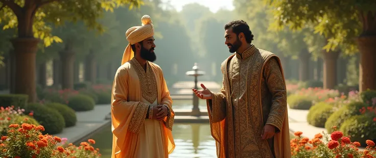 A very clear ultra HD dynamic image of
A serene royal garden, with Emperor Akbar and his trusted minister Birbal walking side by side. Akbar wears an elaborate royal outfit, while Birbal is dressed in a more simple, elegant robe. Both characters have calm ...