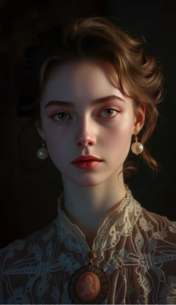 A high-resolution, close-up portrait of a young woman in her early twenties with a soft, innocent expression, exuding a sense of Victorian elegance. She has fair, porcelain skin and wide, doe-like eyes that sparkle with a hint of mystery. Her lips are pain...