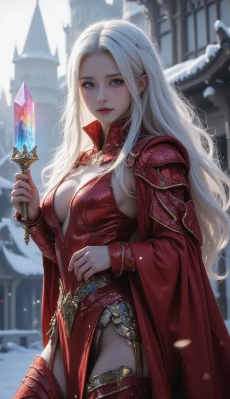 excellent quality, masterpiece, best quality, Ultra Detailed, Extremely detailed, Ultra HD, beautiful girl, Perfect anatomical structure, Perfect body, Model, Fashion pose, Wearing full magical red armor and red cape, Holding a crystal sword, Snowy medieva...