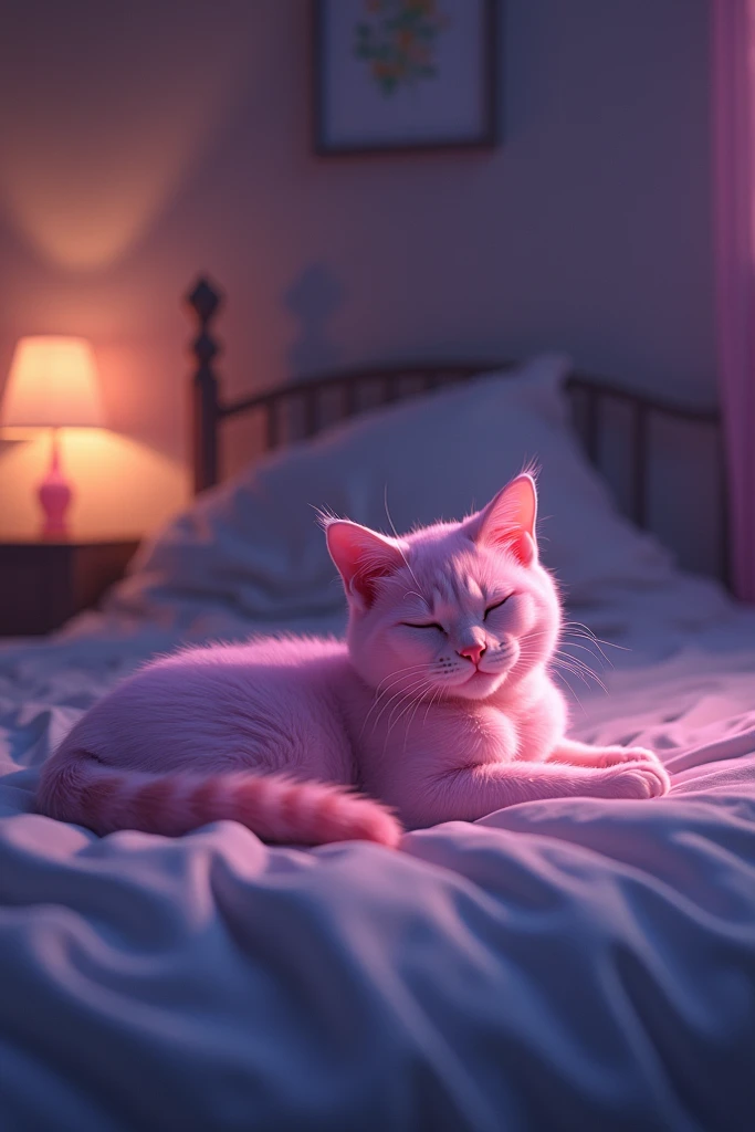 A pink cat on the bed , drimecore style a twilight light illuminates the room