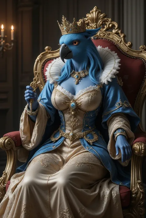 Photorealistic macaw of dressed animals - an artist)) blue macaw queen, (Full-body image:1.5), Wearing a luxurious bag-back dress,(wearing luxury crown),holding scepter, Old-fashioned luxury clothing, detailed and opulent description of a king&#39;s aristo...