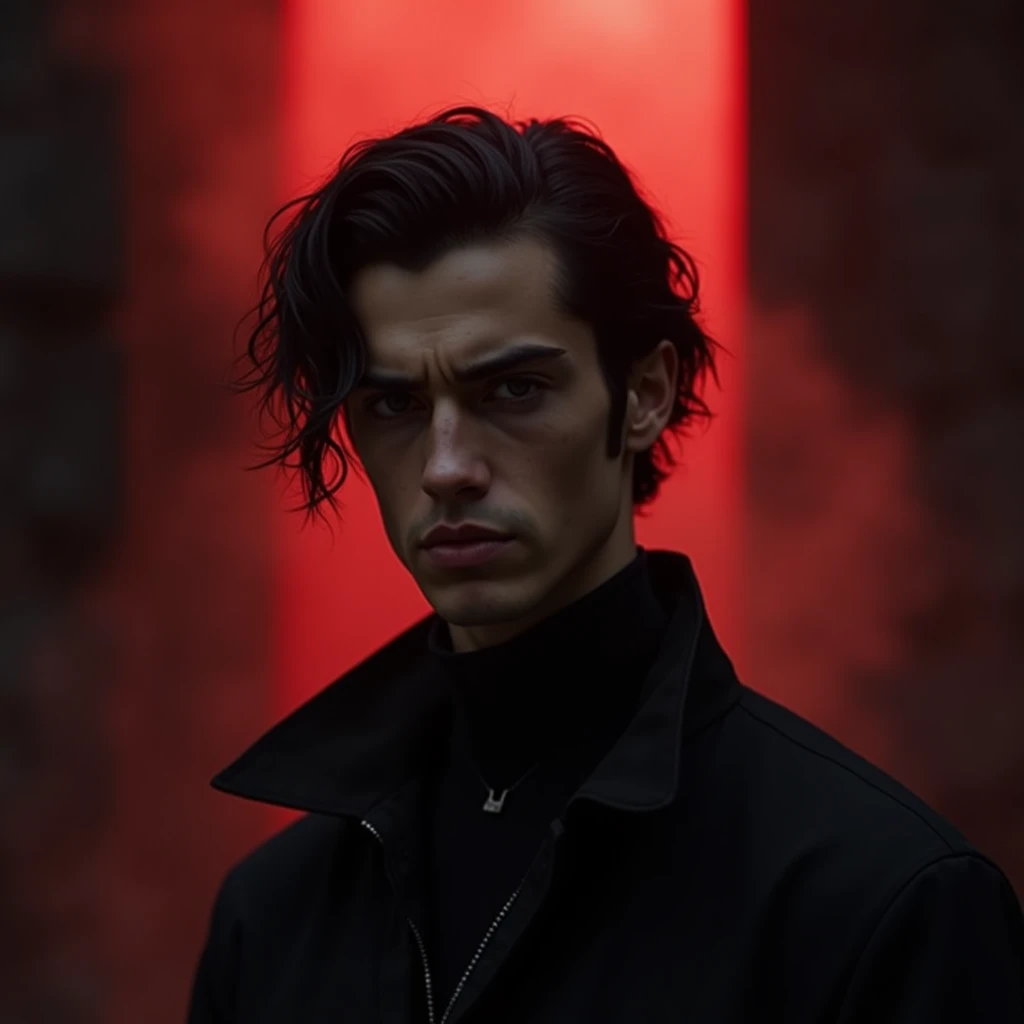 A young man with well-cut, black, wavy hair and black eyes. He is beautiful and sexy. He is the prince of hell, behind him is the entrance to a black castle. There is red smoke around him that acts as an aura. He has an angry, serious look. He wears black ...