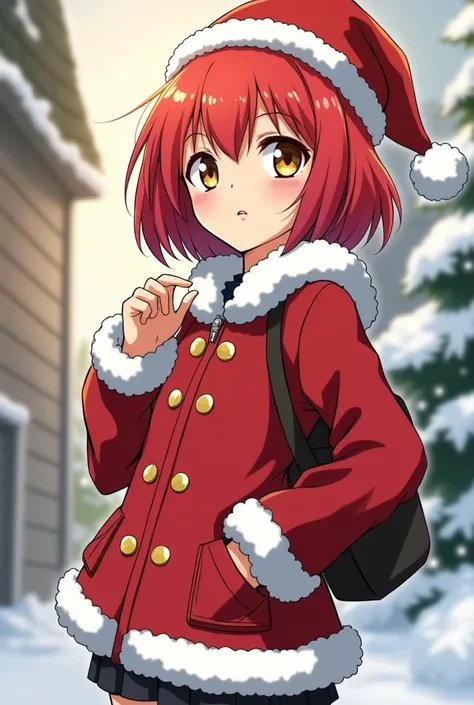 red-haired teenage girl with yellow eyes and blunt bob hair, dressed in Santa Claus clothes, in anime style by Tatsuya Endo.