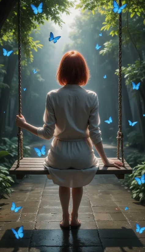 A very beautiful redhead girl, sitting on a swing in the rain, in a huge patio with trees and blue butterflies around the girl who doesn&#39;t look animated and looks realistic, but the face cannot be seen, that is from behind, and the butterflies look rea...