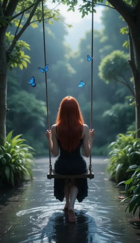 A very beautiful redhead girl, sitting on a swing in the rain, in a huge patio with trees and blue butterflies around the girl who doesn&#39;t look animated and looks realistic, but the face cannot be seen, that is from behind, and the butterflies look rea...