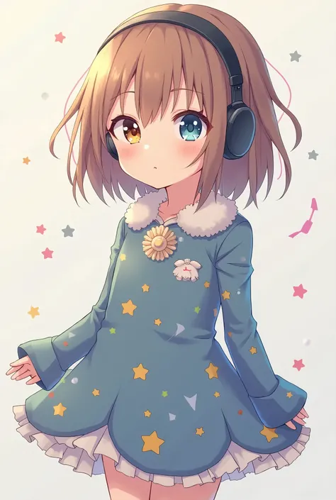  Anime girl with small hair , plain and brown ,  wearing constellation clothes with different colored eyes ,  one brown and one light blue with a star and with headphones