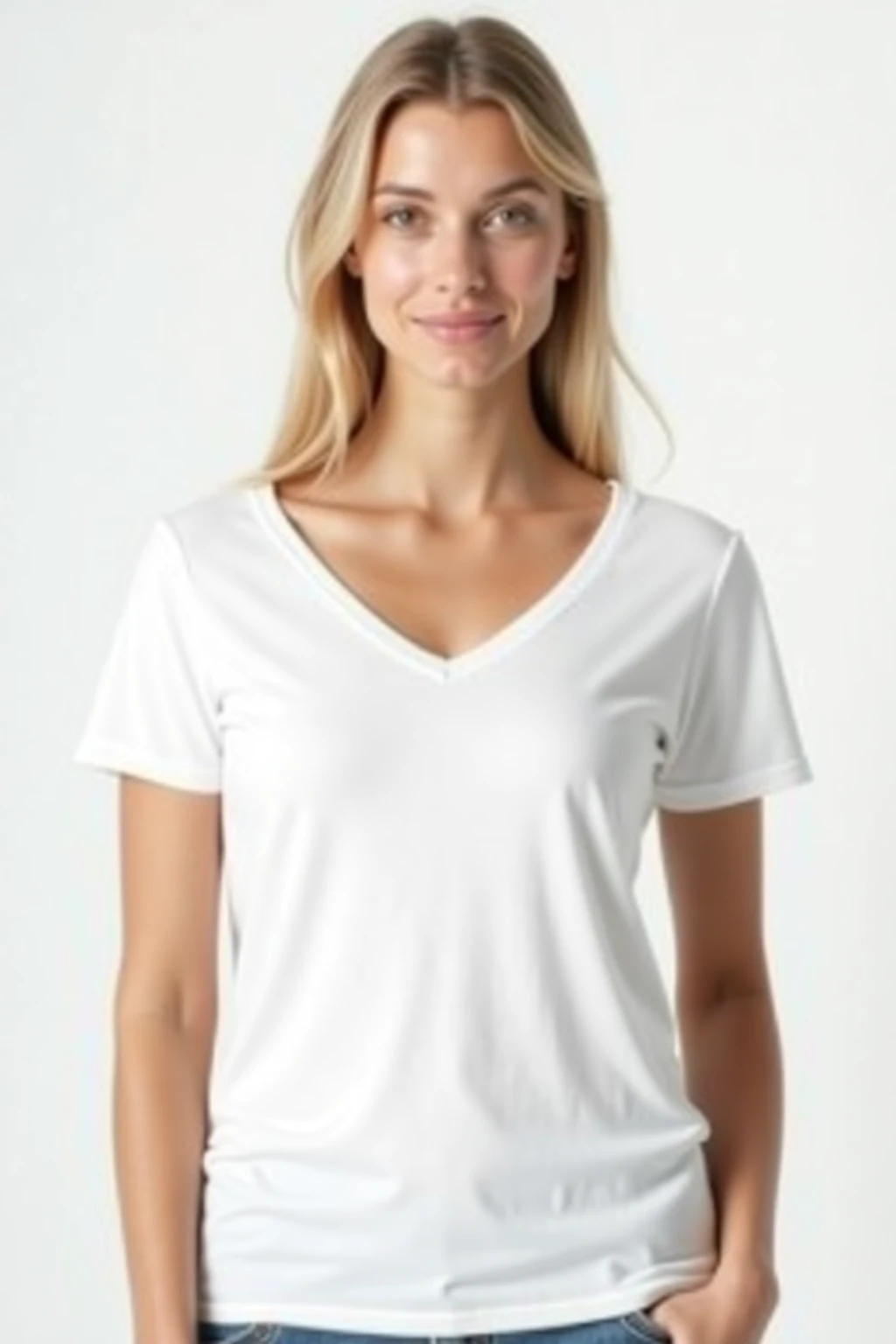 /imagine prompt: A blonde woman with straight hair wearing a plain white V-neck t-shirt, standing in a neutral pose and looking directly at the camera. The t-shirt is smooth and flat, without folds, designed for mockup use. The background is solid white, e...