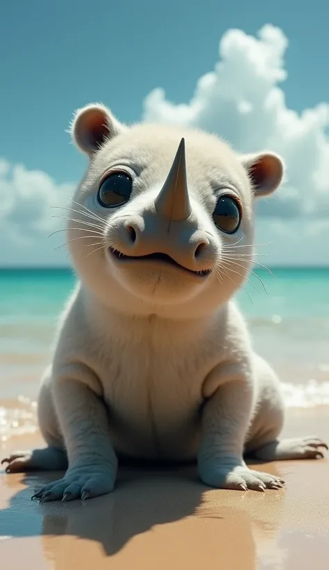 "Create a hyper-realistic image of a hybrid mutant combining a baby rhinoceros and a baby seal in a tropical beach setting. The hybrid has the smooth, glossy fur of the seal covering its back and the rough, tough skin of the rhinoceros on its legs and face...