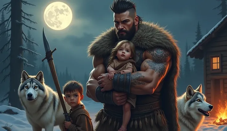 A HUGE MUSCULAR VIKING , HANDSOME AND WITH MOHAWK-LIKE TATTOOS WITH A BABY GIRL IN HER ARMS PROTECTING HER WITH A HAPPY  BOY WEARING VIKING CLOTHING WITH A WOODEN SWORD AND TWO WOLVES: One of them, HE IS A WHITE WOLF WITH BLACK HUSKY TYPE ,  AND THE OTHER ...