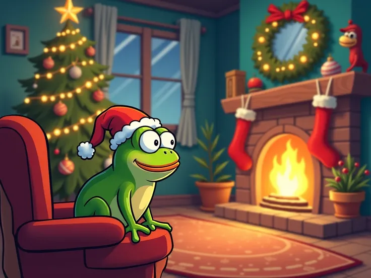 Cartoon background of Christmas house interior with Pepe the Frog in the background watching a happy computer screen wearing a Christmas hat sitting on a chair