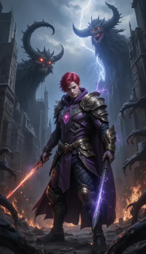 Red hair，man， purple armor, light bearer karoriors, medieval city, dark, fighting, epic, karo, Surrealism, 8k, Super details, karo, fighting against demons, darkness, fear, rain