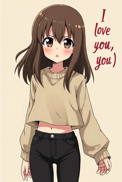 In the style of Junji Ito, Junji ito Manga type image, girl, Long sleeve crop top sweater, black leggings, afraid, medium length hair, brown hair, long bangs, text in the corner says "I love you, Olipop :)" in fancy text, cute face, flirty expression, 