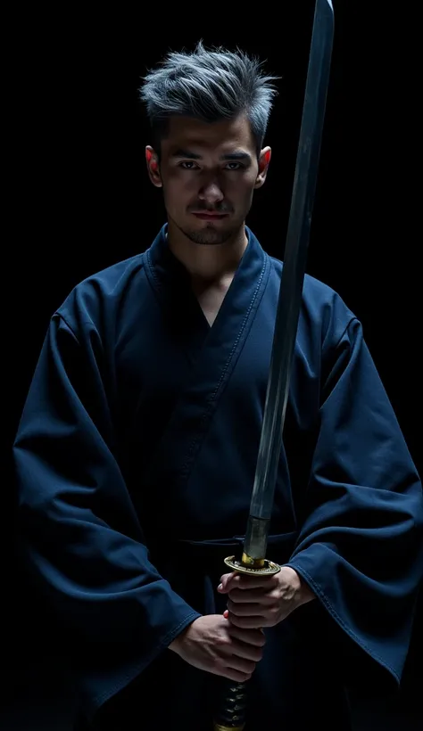 Highly detailed hyper realistic photo, handsome man samurai, katana, (weapon, holding katana, battoujutsu, battoujutsu stance, sheathed, unsheathed, scabbard), short gray spiky hair, perfect body posture, silhouette, dark background, light illumination bla...