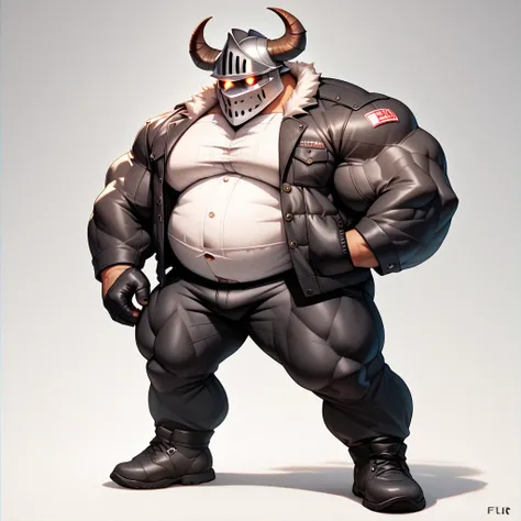 a big giant man with musclegut tall body and big fat belly using black furr jacket with white shirt on it, black pants, black gloves, and knight helmet which cover the face with horn on the both side. full body, standing still, solo, very big, very tall, v...