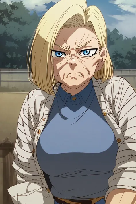 Android 18, blonde, anime, blue eyes, old age, wrinkles, wrinkled skin, saggy body, girl, woman, cute, mature,