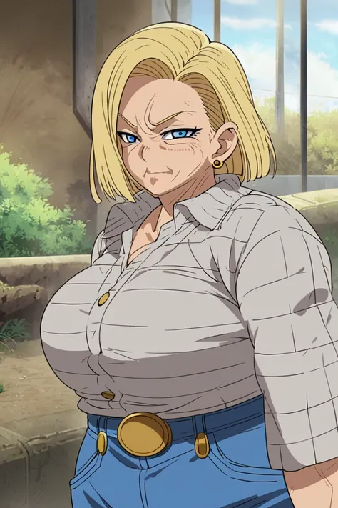 Android 18, blonde, anime, blue eyes, old age, wrinkles, wrinkled skin, saggy body, girl, woman, cute, mature,