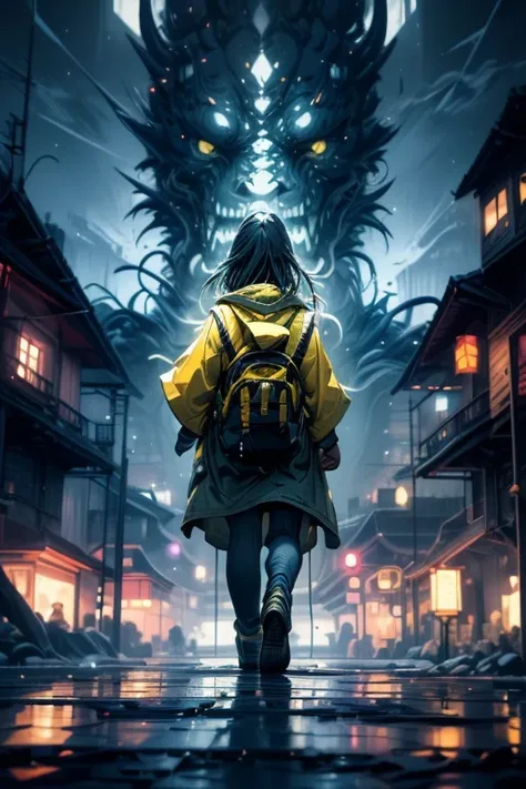 Back view of girl in yellow raincoat in dark room, hooded, yellow raincoat, Small Nightmare, Small Nightmare 6, horror animated film still, animated film, horror game, Goro Fujita, horror game graphics, animated film Irie Game Art, Horror Games, Game Cover...