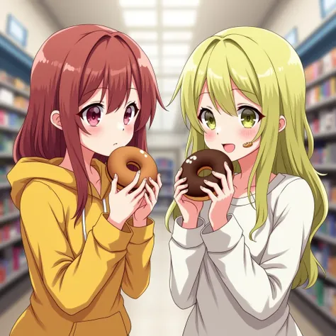  2 girls,  high definition , chest, 2 people eat donuts , 1 has reddish brown hair and the other has yellow-green hair , girls with reddish brown hair have mustard colored hoodies, girls with yellow-green hair have white long-sleeved shirts ,Inside the sho...