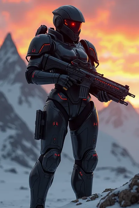 Female in Black X-01 power armor (Fallout). Glowing red lights. Holding a laser rifle. Tundra mountains. Sunset. 