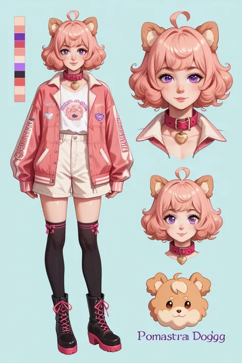 femboy, pomeranian dogboy, pomeranian dog ears, short curly hair, strawberry blond hair, purple eyes, dog collar, preppy fashion, beauty marks, moles, freckles, fully clothed, loose jacket,, masterpiece, best quality, knee highs, laced up boots, character ...