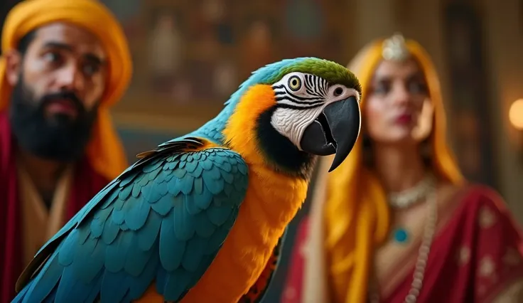 "Create an ultra-realistic, high-definition divine image of " Attendants are shocked and fearful, looking at the parrot in disbelief. The grand Mughal decor emphasizes the tense atmosphere."