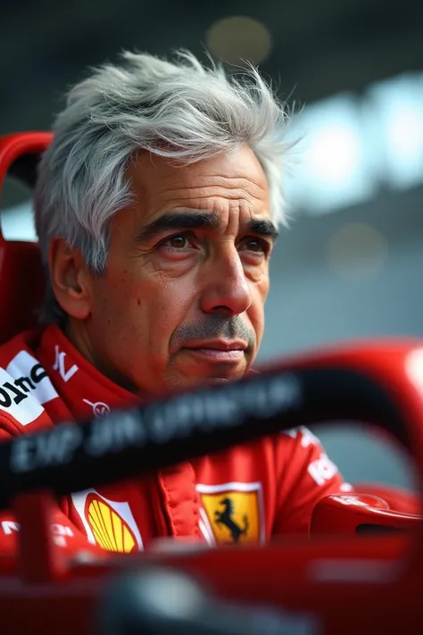 Fernando Alonso with wrinkles and white hair driving a f1 car