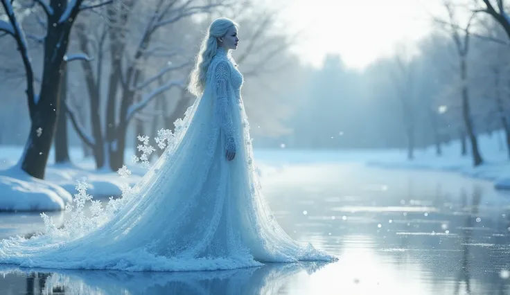 Mystical Snow Maiden with pale blue skin, wearing a long cloak made of living snowflakes, standing on a frozen lake, surrounded by winter forest. Intricate ice patterns on clothing, magical aura, soft white and blue color palette, fantasy realism, detailed...