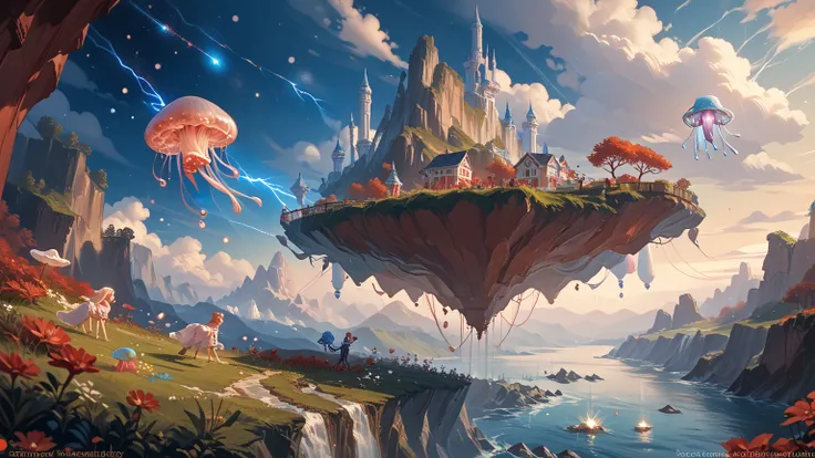 galaxy, Rocket, Jellyfish, meteor,  Adorable Art . Red Cliff,  Digital Art. Comfortable and calm, More flying angels, Majestic, There is lightning all around, Myths and Legends