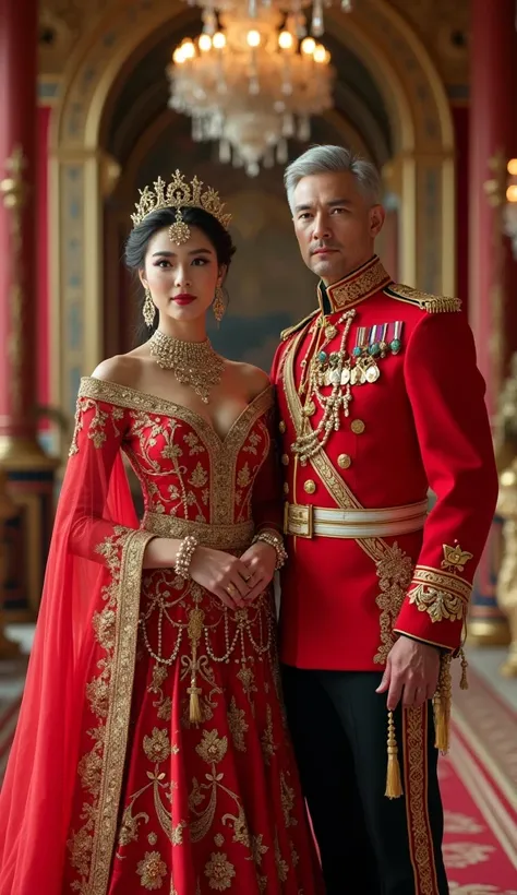 An elegant royal couple in a grand palace setting. The woman wears a red traditional bridal outfit with intricate gold embroidery, jewelry, and a tiara. The man has silver hair and wears a matching red and gold military-inspired outfit. The atmosphere is r...