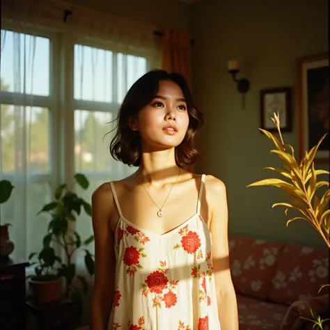 photo of an asian woman wearing a white sundress with red floral patterns on it. she is in cozy and warm living room. there are many shadowns from the windowns and plants with yellow leaves around her. shot on kodak portra 400 film
