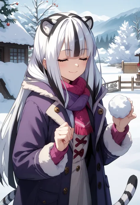 ((masterpiece)), 1girl, solo, long hair, white tiger ears, white tiger tail, closed eyes, winter, playing with snow, happy smile, white hair, black hair, multicolored hair, curious look, purple coat, black coat, multicolored coat, looking at viewer, about ...