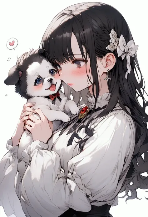 Black hair color / dark eyes/A girl with the image of a cute puppy/155cm/white top/White skirt / ashamed./embarrassment/mature female/No headgear.