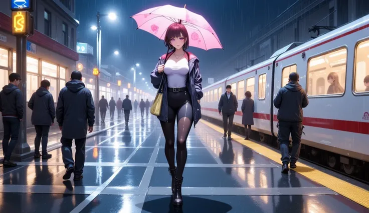   mature pretty woman  ,(  Best quality,  Very Detailed Depiction ,  Incredible Ultra HD, high quality anime painting :2.0),(  woman walking on the street in the rain  ,winter jacket  ,   wear a tight dress on the express train ,Shiny cloth  ,Winter Clothi...