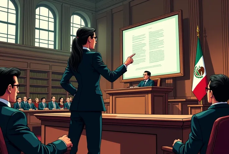 Inside a large and imposing courtroom in Mexico, approximately 20 meters long and 15 meters wide, the room feels expansive yet formal. A young female lawyer, wearing a sleek black suit and glasses, stands confidently in front of the judges elevated bench. ...