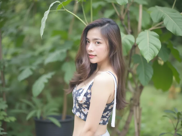  Thai Women,cute, small breasts, not wearing clothes, naked, camera, the body is wrapped in white cloth tape.,The backdrop is a forest.,Taken with a leica , Half body photo 