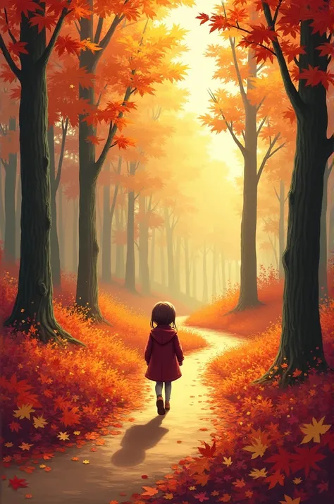 A girl on a path in a bright autumn forest during the day. Dressed in a coat 