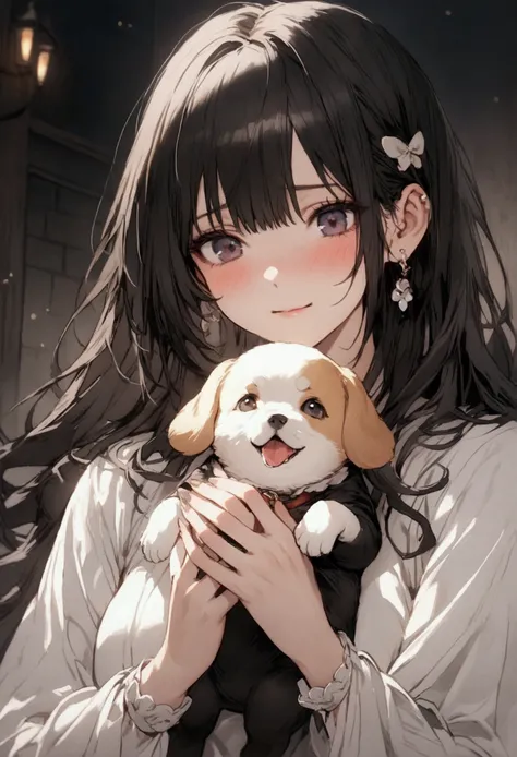 Black hair color / dark eyes/A girl with the image of a cute puppy/155cm/white top/White skirt / ashamed./embarrassment/mature female/Empty-handed /No headgear/Nothing in hand