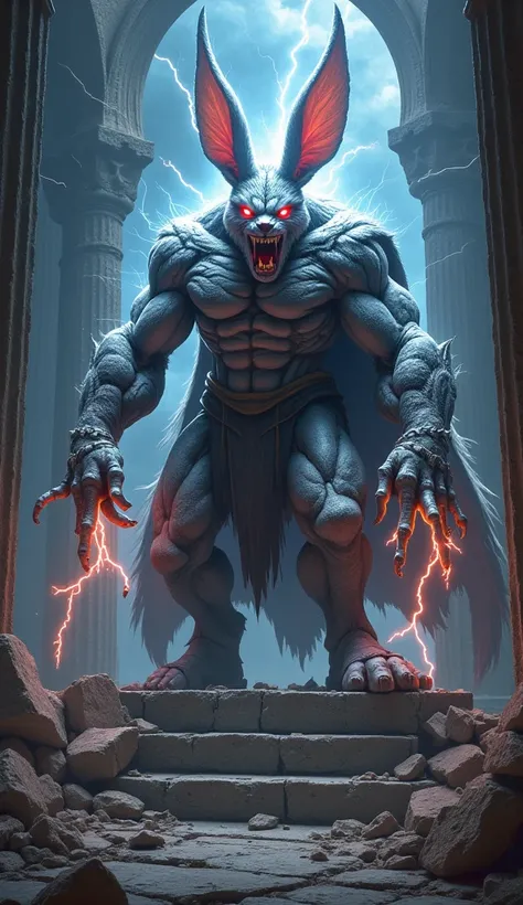 In the shadowy ruins of Zeuss crumbling throne room, a monstrous hybrid of Thor and a rabbit looms, exuding an aura of raw menace. The creature’s muscular form gleams with a metallic sheen, its fur streaked with electric energy coursing like veins. Its ham...